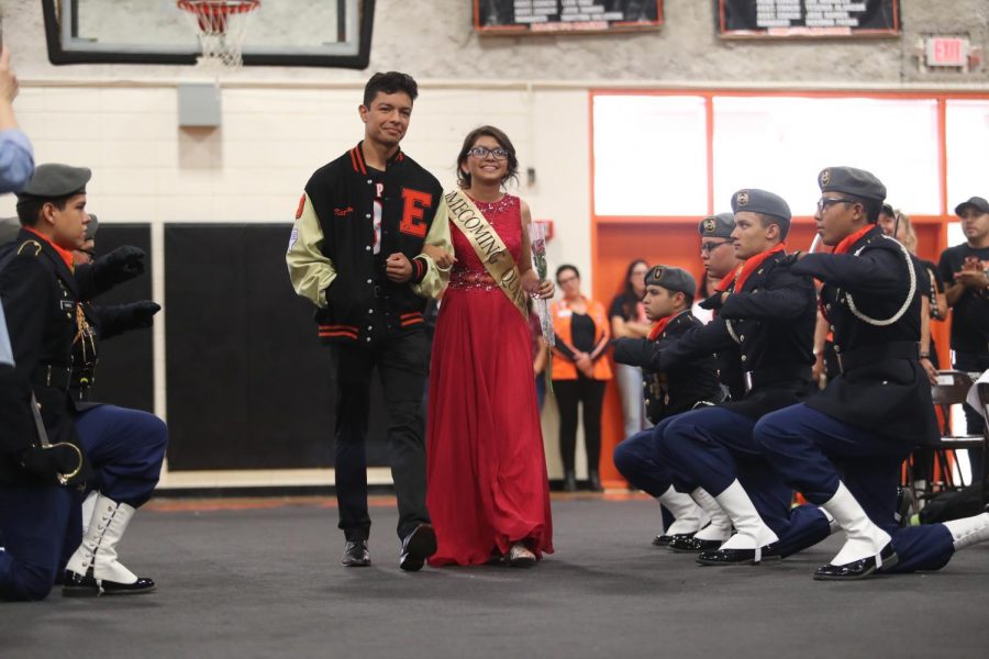 2019 Homecoming Queen, Odyssey Mann, is escorted by Nathan Vargas during the homecoming assembly on Oct. 4. 
