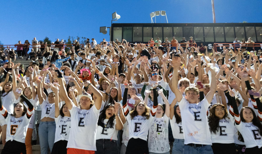 The senior class of 2022 partakes in ‘Eve of the E’ festivities on Sept. 29 prior to the lighting of the E on the field.