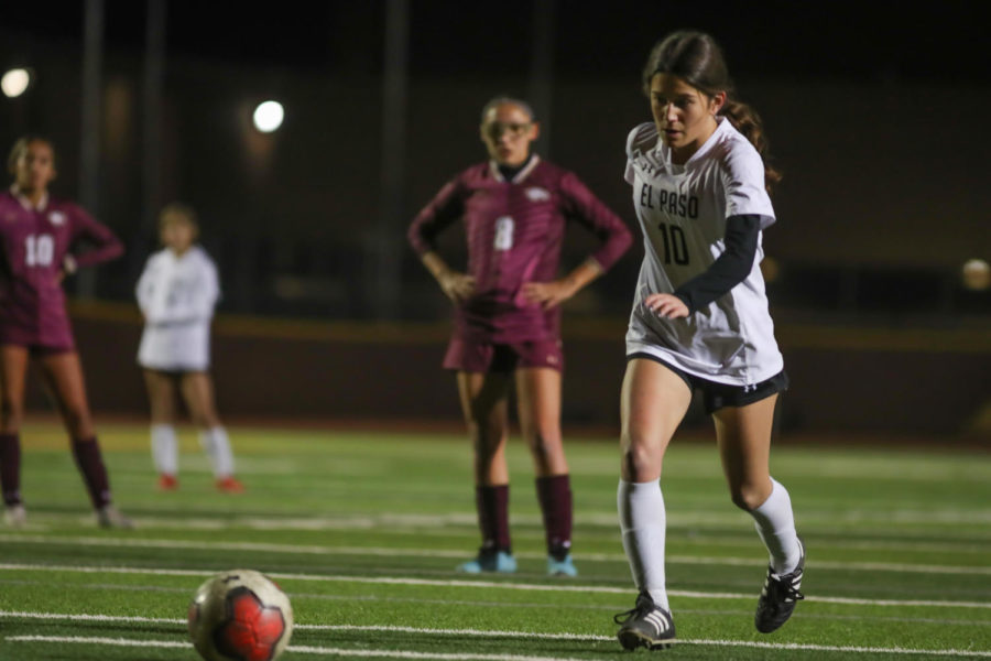 Senior captain, Ela Adrete, scores on a penalty kick against district rival Andress on Feb. 18. The match went into a penalty shootout resulting in the Tigers winning 3-2 and taking the lead in district standings. 