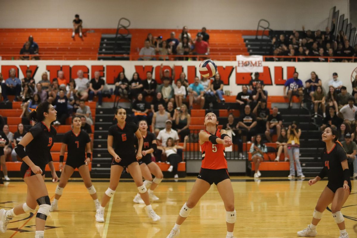 Sophomore Gaby Lara, digs an incoming ball against Riverside during their Sept. 13 matchup. The Tigers won in three sets.